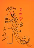 Jonathan Meese, "Aktstudie Dr. Nikolaus", 2005, Faserstift auf orangefarbenem Papier