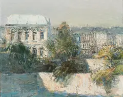 Gerald Müller-Simon, "Häuser + Garten", 2002, Öl auf Hartfaser