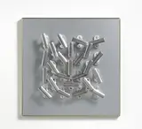 Rolf Glasmeier, Kaufhaus-Objekt, 1971, Ganzoliven (Fenstergriffe) auf Eloxplatte auf Sperrholz