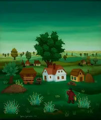 Josip Generalić, Ohne Titel (Landschaft mit Fischer), 1977, Öl auf Glas
