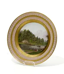 Teller mit Parklandschaft an Fluss by Kpm, Porzellan, farbig und gold dekoriert, sold Nov 2013