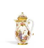 Meissen, Kaffeekanne mit Chinoiserien, Porzellan, polychrom und gold staffiert.