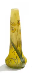 Vase mit Orchideen by Cristallerie Daum, Farbloses Glas, gelbe Pulvereinschmelzungen, sold May 2014