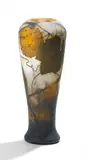 Cristallerie Daum, Vase mit Kürbisdekor, Farbloses Glas, milchig weiß hinterfangen mit violetten Pulvereinschmelzungen
