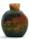 Cristallerie Daum, GROßE VASE MIT ABENDLANDSCHAFT, Farbloses Glas mit gelben, orangefarbenen und roten Pulvereinschmelzungen