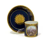 Meissen, Tasse mit Schlacht von Cassano und Untertasse, Porzellan, farbig und gold staffiert