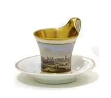 Kpm, Tasse mit Vedute von Berlin und Untertasse, Porzellan, farbig und gold staffiert
