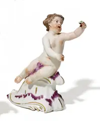 Putto auf Rocaille by Frankenthal, Porzellan, farbig und gold staffiert, sold May 2014