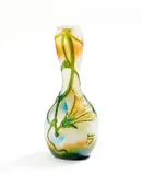 Vase mit Trichterwinde by Cristallerie Daum, Farbloses Glas, milchig weiß hinterfangen mit orangefarbenen und grünen Pulvereinschmelzungen, sold Nov 2014