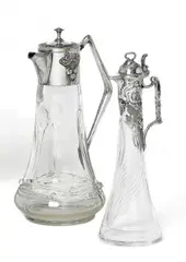Zwei Jugendstilkaraffen by Wmf, Glaskorpus mit versilberter Brittania-Metall-Montierung, sold May 2014
