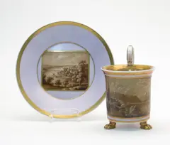 Kpm, Ansichtentasse mit Untertasse, Porzellan, Rosa Fond, Sepiadekor, gold staffiert