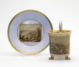 Kpm, Ansichtentasse mit Untertasse, Porzellan, Rosa Fond, Sepiadekor, gold staffiert