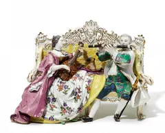 Galante Sofagruppe by Meissen, Porzellan, farbig und gold staffiert, sold Nov 2014