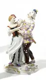 Meissen, Tanzendes Harlekinpaar, Porzellan, farbig und gold staffiert