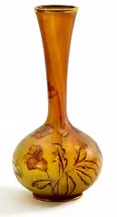 Große Vase mit Blumendekor by Cristallerie Daum, Farbloses Glas, mit gestreiften gelben, orangefarbenen und grünen Pulvereinschmelzungen, sold May 2015