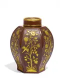Teedose mit Deckel by Meissen, Rotbraunes, partiell poliertes Böttgersteinzeug teilweise goldgehöht, sold Nov 2015