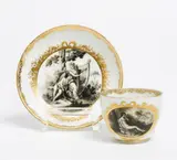 Tasse und Untertasse mit Schwarzlotdekor by Meissen, Porzellan, schwarzlot und gold staffiert, sold Jan 2016