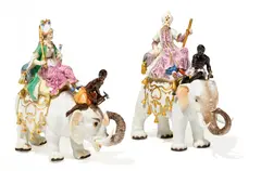 Meissen, Sultan und Sultanin auf Elefanten, Porzellan, farbig und gold staffiert