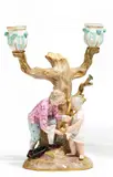 Figürlicher Leuchter 'Kavalier mit Kind und Vogelnest' by Meissen, Porzellan, farbig und gold staffiert, sold Jan 2018