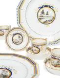 63 Teile aus einem Speiseservice by Nymphenburg, Porzellan, Schwarzlotmalerei, blau und gold staffiert, sold May 2016