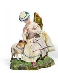 Sitzende Schäferin mit Lamm by Höchst, Porzellan, farbig und gold staffiert, sold May 2016