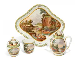 Solitaire mit Flusslandschaften by Frankenthal, Sandfarbener Scherben mit weißer Glasur und Muffeldekor in Purpurcamaieu, sold May 2016