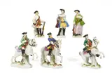 Drei Miniatur Jägerfiguren und drei Soldaten zu Pferd by Meissen, Porzellan, farbig und gold staffiert, sold Nov 2016