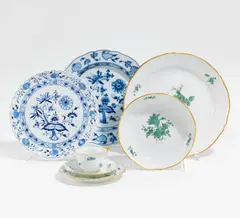 Meissen u.a, 1 Kaffeetasse mit Ut und Teller, 3 Platten, 1 Schale, Porzellan, farbig staffiert