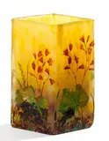 Kleine Vierkantvase mit Wiesenblumen by Cristallerie Daum, Farbloses Glas, mit flockig gelben und violetten Pulvereinschmelzungen, sold May 2016