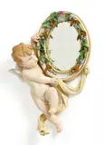 Kleiner Spiegel mit Putto by Meissen, Porzellan, farbig und gold staffiert, Spiegelglas, sold Nov 2016
