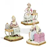 Allegorien 'Der Geruch', 'Das Sehen', 'Das Gefühl' by Meissen, Porzellan, farbig und gold staffiert, sold Nov 2016