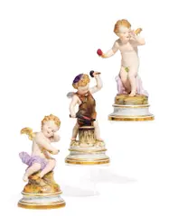 3 Amoretten by Meissen, Porzellan, farbig und gold staffiert, sold May 2017