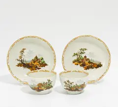 2 Tassen mit Ut Landschaftsdekor by Fürstenberg, Ende 18. Jh, Porzellan, farbig und gold staffiert, sold Jan 2017