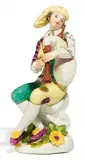 Sitzender Harlekin mit gelber Kappe und Dudelsack by Meissen, Porzellan, farbig und sparsam gold staffiert, sold May 2017