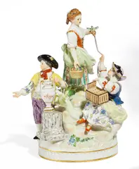 Drei Gärtnerkinder mit Vogel und Vogelbauer by Meissen, 1969, Porzellan, farbig und gold staffiert, sold Nov 2017