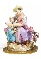Chinesengruppe by Meissen, 19. Jh, Porzellan, farbig und gold staffiert, Messing, sold Nov 2017