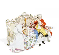 Gruppe "Galante Sofagruppe" by Meissen, Vor 1924, Porzellan, farbig und gold staffiert, sold Nov 2017
