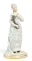 Figur "Dame mit Katze" by Meissen, 19. Jh, Porzellan, farbig und gold staffiert, sold Nov 2017