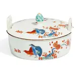 Butterdose mit Wachteldekor by Meissen, 1735-40, Porzellan, farbig und gold dekoriert, sold Nov 2017