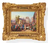 Kpm, Porzellangemälde mit Jahrmarktsszene, Auf der Platte datiert 1844, Porzellan, farbig bemalt, Holzrahmen