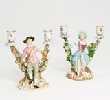 Paar Figürliche Leuchter by Meissen, Porzellan, farbig und gold staffiert, sold Jan 2020