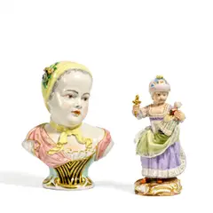 Meissen und Samson, Mädchen mit Puppe und Büste der Prinzessin Marie Zephirine de Bourbon, 19.Jh, Porzellan, farbig und gold staffiert