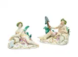 Zwei Flussgötter by Meissen, 18.Jh, Porzellan, farbig und gold staffiert, sold Nov 2018