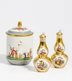 Meissen und Thüringen, Paar Miniaturvasen und Dose, 19.Jh./20.Jh, Porzellan, farbig und gold staffiert