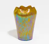 Loetz Witwe, Vase Phänomen, Anfang 20. Jh, Überfangglas, gelb und farblos, silbergelben Tupfen, perlmuttfarben mattlüstriert