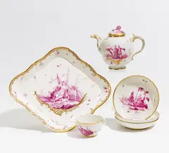 Service mit Watteauszenen in Purpurcamaieu by Frankenthal, 1755-62 bzw. 1762-97, Porzellan, purpur und gold dekoriert, sold Jan 2019