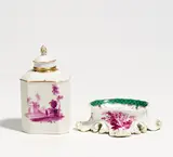 Salzgefäß und Teedose mit Purpurdekor by Meissen, 18.Jh, Porzellan, Dekor in Purpurcamaieu und Gold, einmal Grün, sold Jan 2020