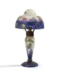 Cristallerie Daum, Tischlampe mit tränenden Herzen, Um 1920, Farbloses Glas mit blauen und milchig weißen Pulvereinschmelzungen