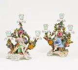 Paar Figürliche Leuchter mit Diana und Paracelsius by Meissen, Porzellan, farbig und gold staffiert, sold Jan 2020