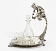 Jugendstil Likörménage mit junger Frau by Wmf, Metall, versilbert, sold Nov 2019